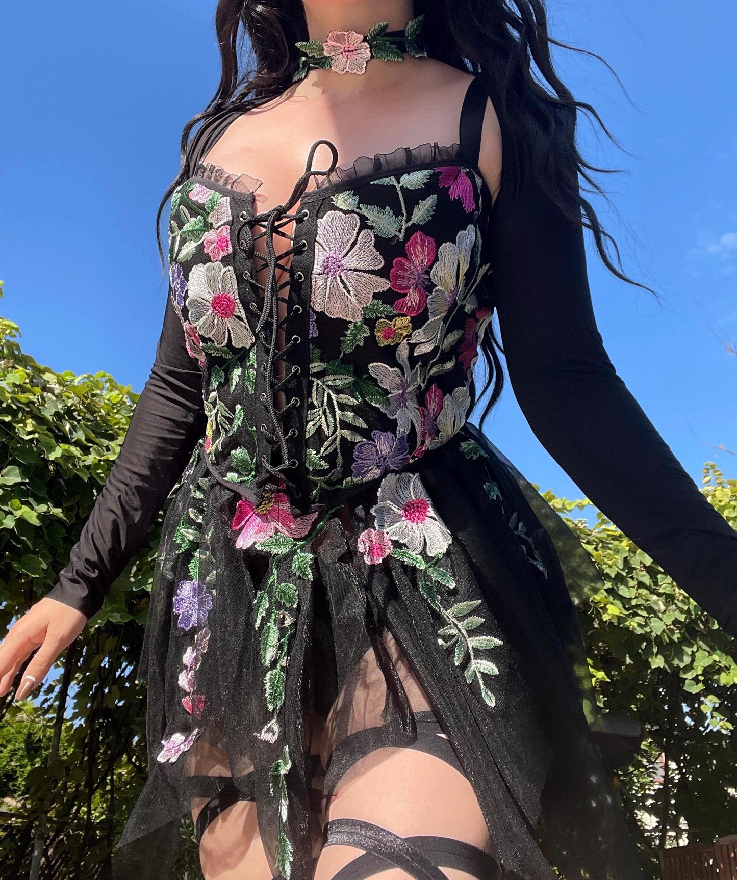 black fairy outfit, fairy goddess, fairy goddess outfit, black flower festival outfit, rave outfit, flower fairy outfit, rave corset, rave set, flower rave set, flower corset, dark fairy outfot, edc outfit, ravesaurus, festival set