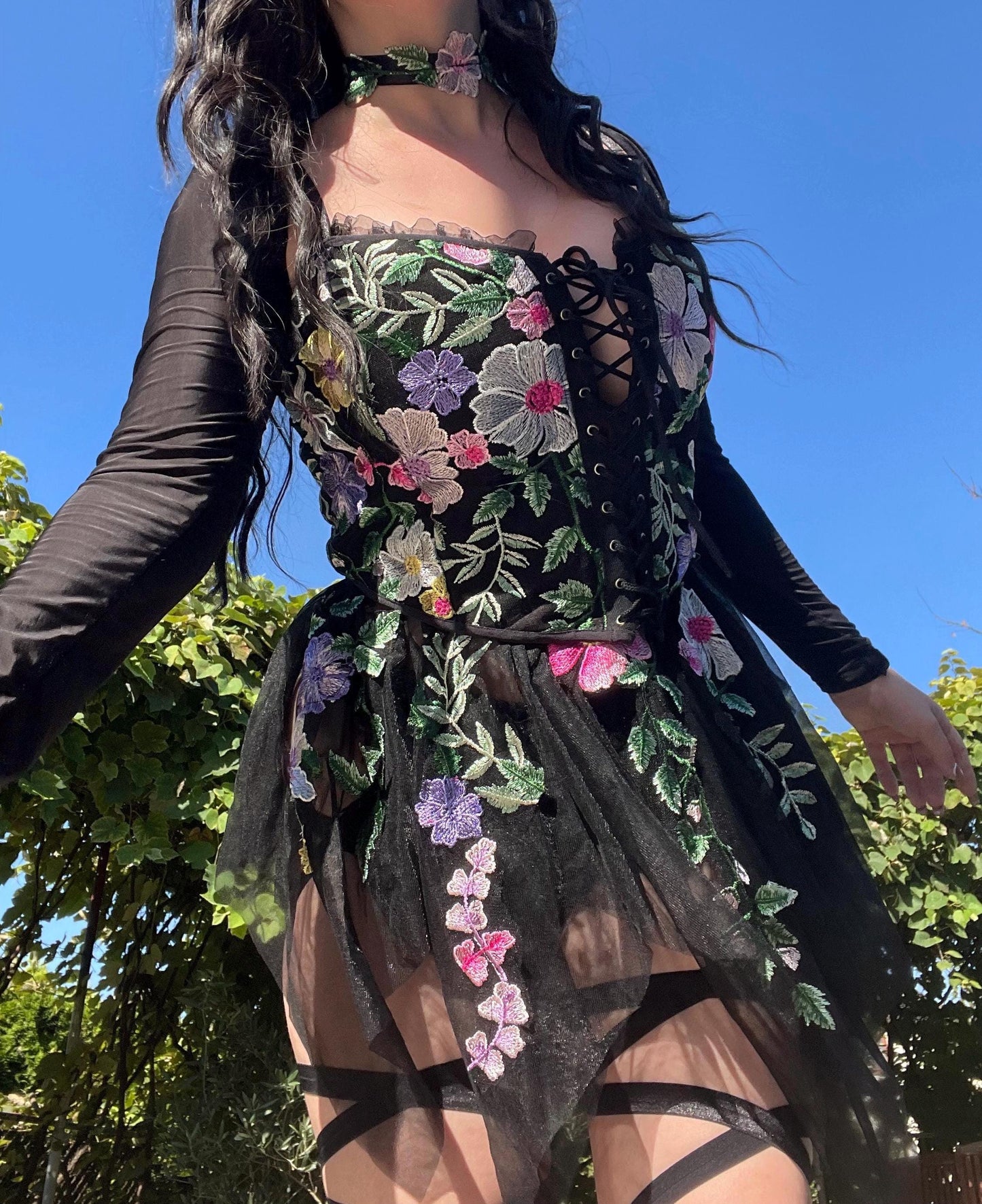 black fairy outfit, fairy goddess, fairy goddess outfit, black flower festival outfit, rave outfit, flower fairy outfit, rave corset, rave set, flower rave set, flower corset, dark fairy outfot, edc outfit, ravesaurus, festival set
