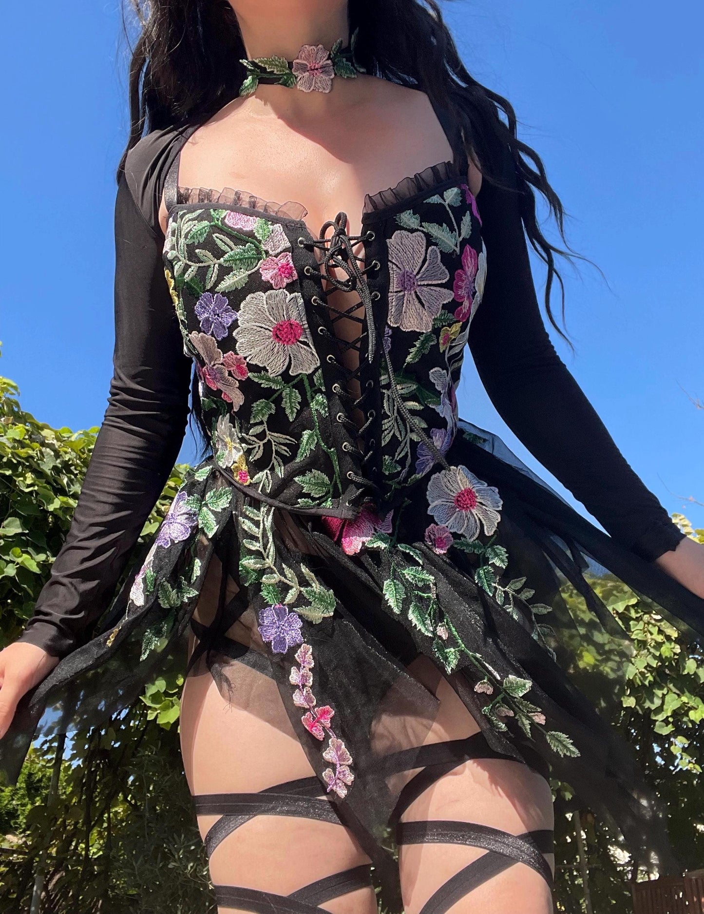 black fairy outfit, fairy goddess, fairy goddess outfit, black flower festival outfit, rave outfit, flower fairy outfit, rave corset, rave set, flower rave set, flower corset, dark fairy outfot, edc outfit, ravesaurus, festival set
