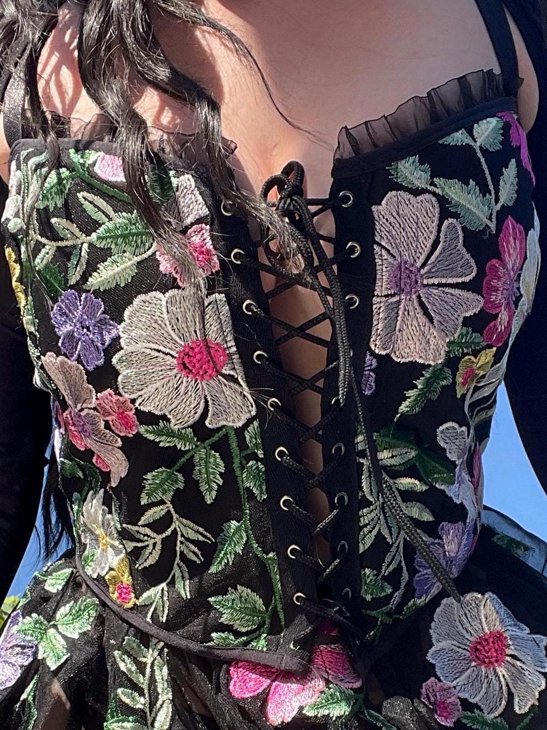 black fairy outfit, fairy goddess, fairy goddess outfit, black flower festival outfit, rave outfit, flower fairy outfit, rave corset, rave set, flower rave set, flower corset, dark fairy outfot, edc outfit, ravesaurus, festival set