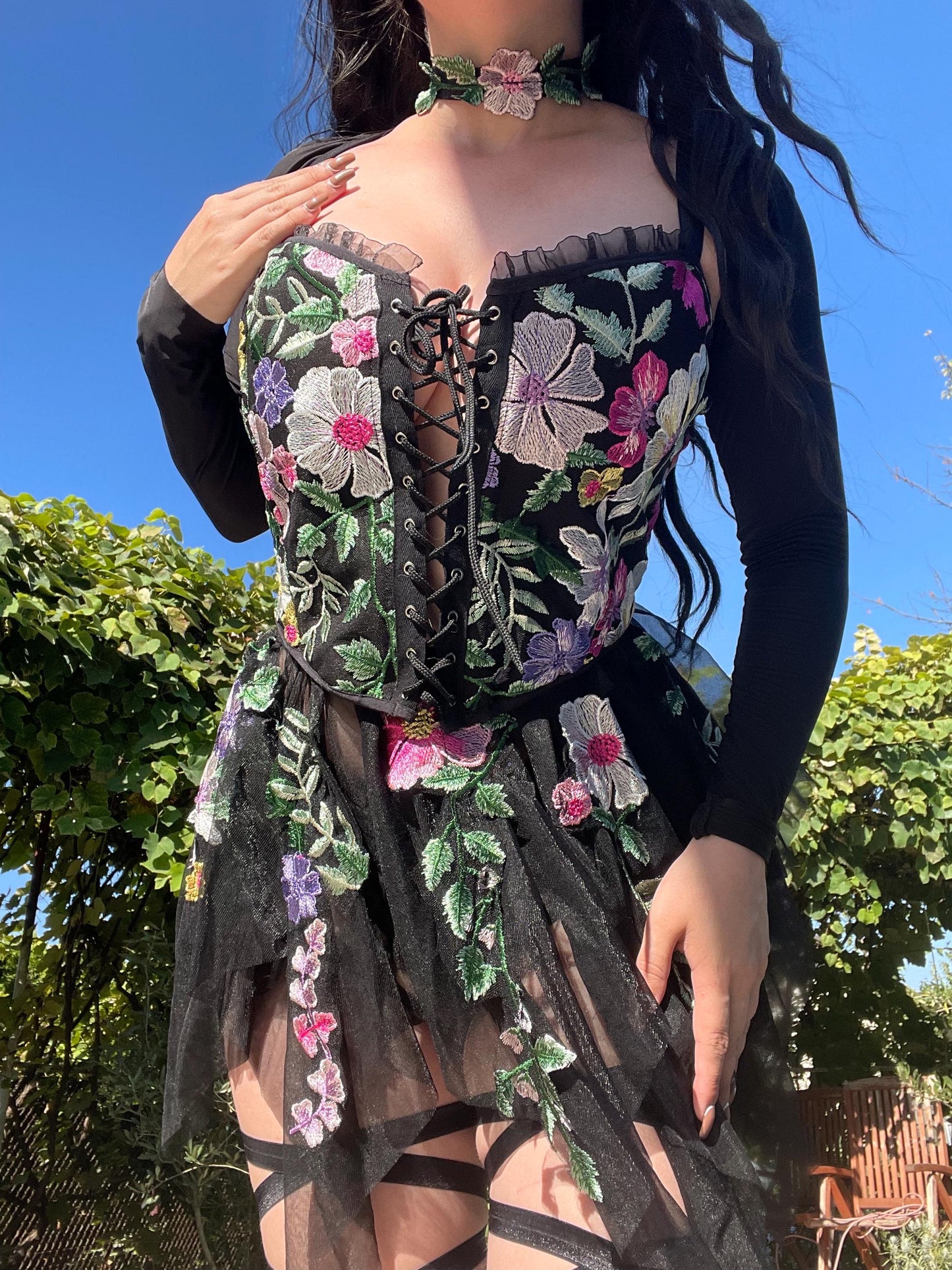black fairy outfit, fairy goddess, fairy goddess outfit, black flower festival outfit, rave outfit, flower fairy outfit, rave corset, rave set, flower rave set, flower corset, dark fairy outfot, edc outfit, ravesaurus, festival set