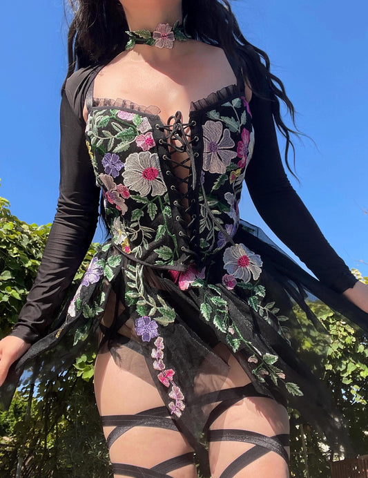 black fairy outfit, fairy goddess, fairy goddess outfit, black flower festival outfit, rave outfit, flower fairy outfit, rave corset, rave set, flower rave set, flower corset, dark fairy outfot, edc outfit, ravesaurus, festival set