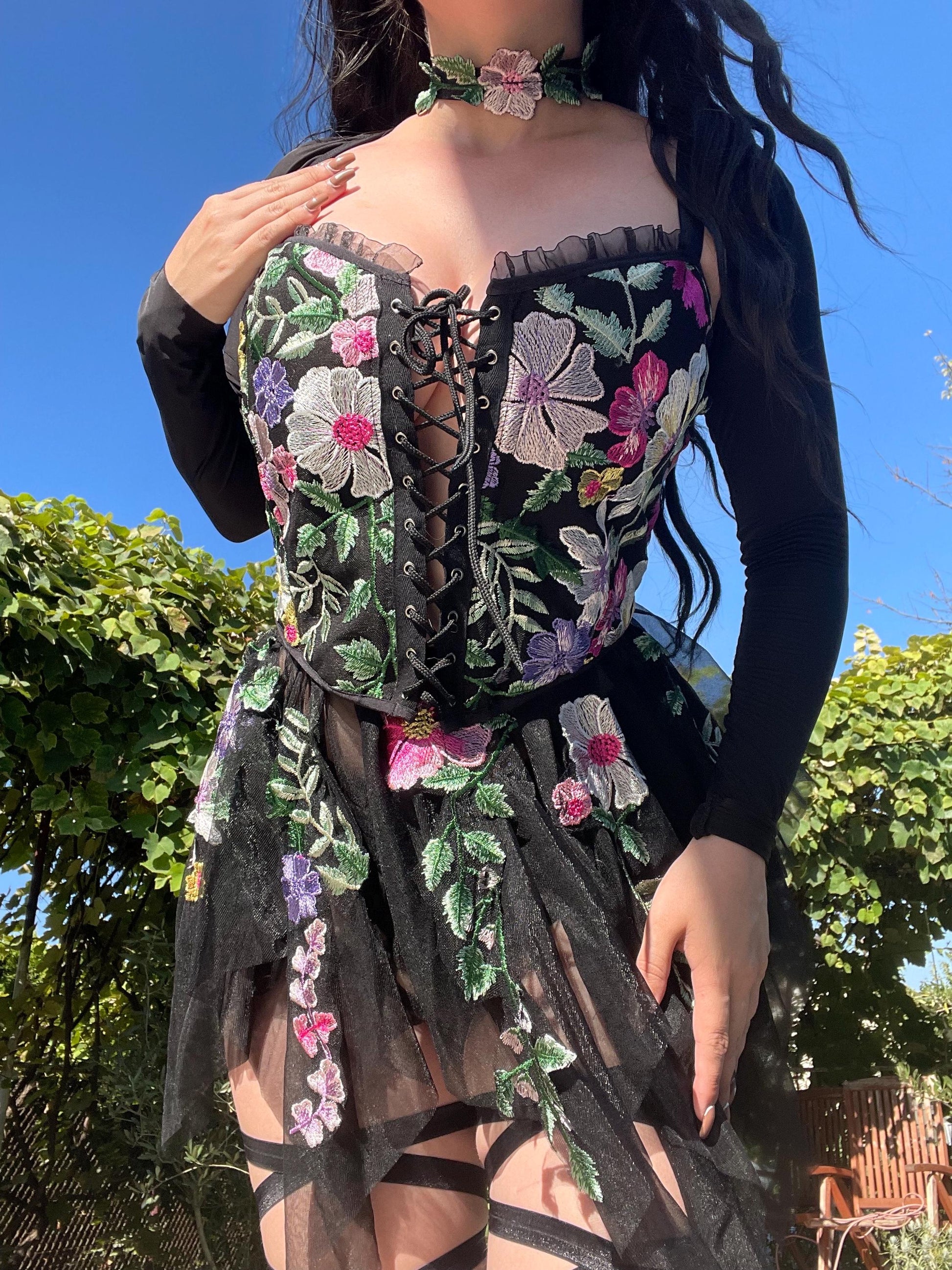 black fairy outfit, fairy goddess, fairy goddess outfit, black flower festival outfit, rave outfit, flower fairy outfit, rave corset, rave set, flower rave set, flower corset, dark fairy outfot, edc outfit, ravesaurus, festival set